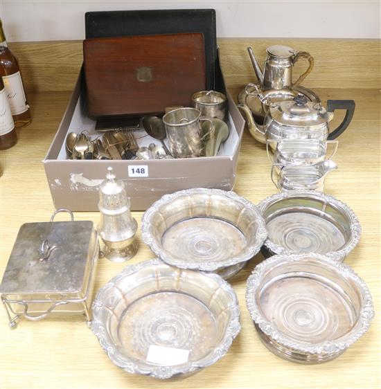 Two pairs of 19th century silver plated wine coasters and other plated wares including butter dish, cased sets, etc.